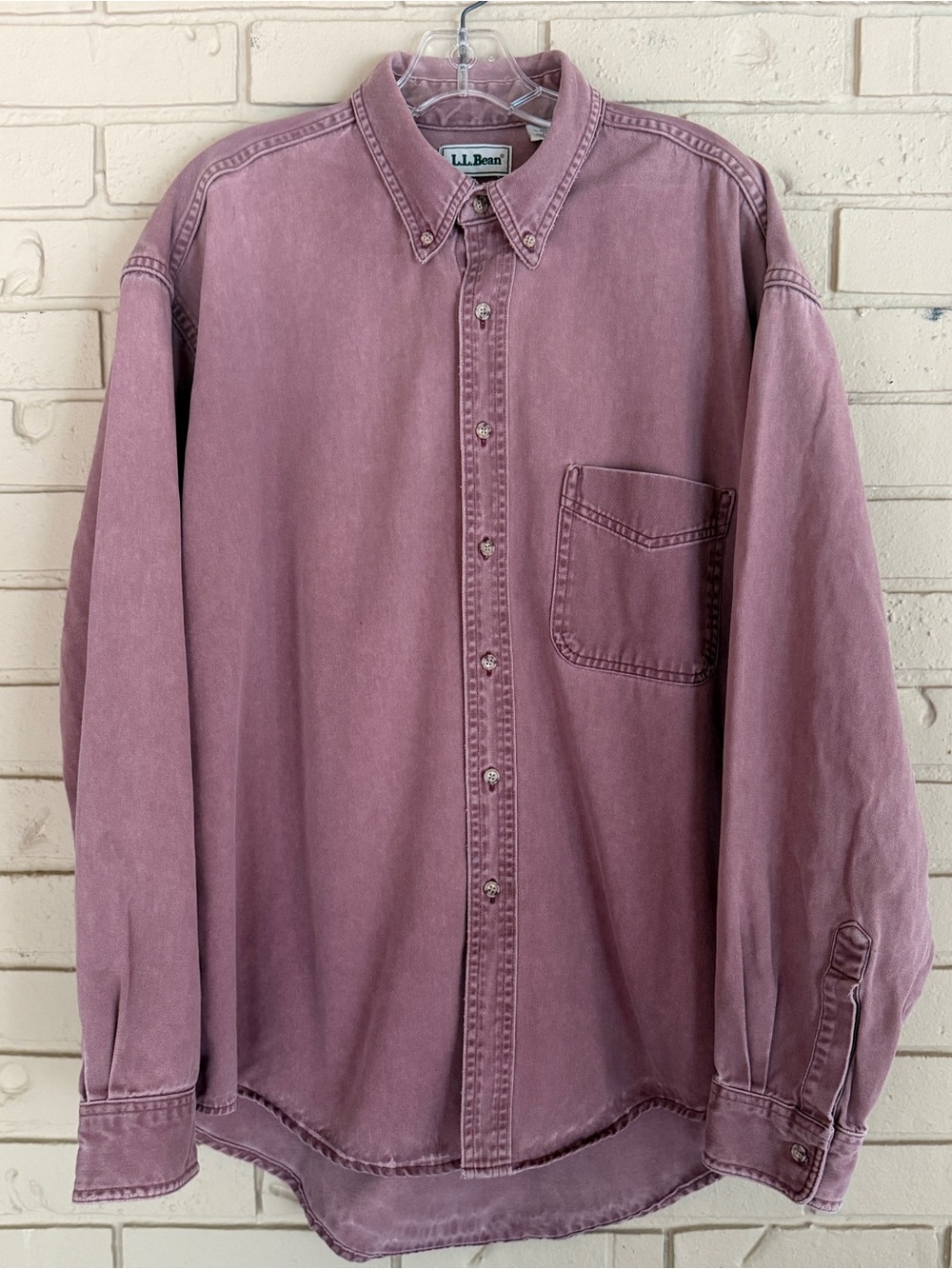 LL Bean Shirt Mens Sunwashed Canvas Solid Twill Button Front Vintage Canada XL